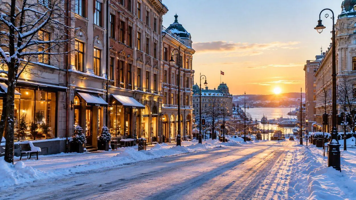 A winter street in central Oslo with snow underfoot and low light