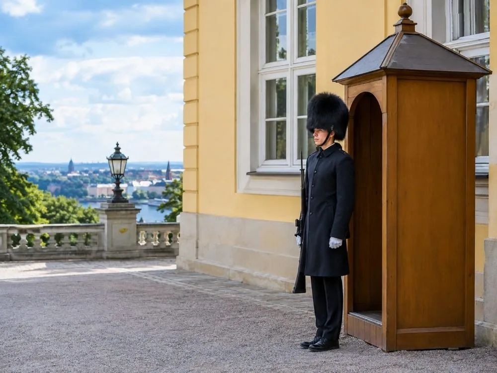 Ein Wächter von Seiner Majestät der Königsgarde, der an einem Posten vor dem Königlichen Palast am oberen Ende der Karl Johans gate steht.